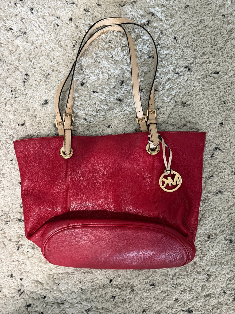 Michael Kors Red Leather Tote with Cream Straps and Gold MK Charm